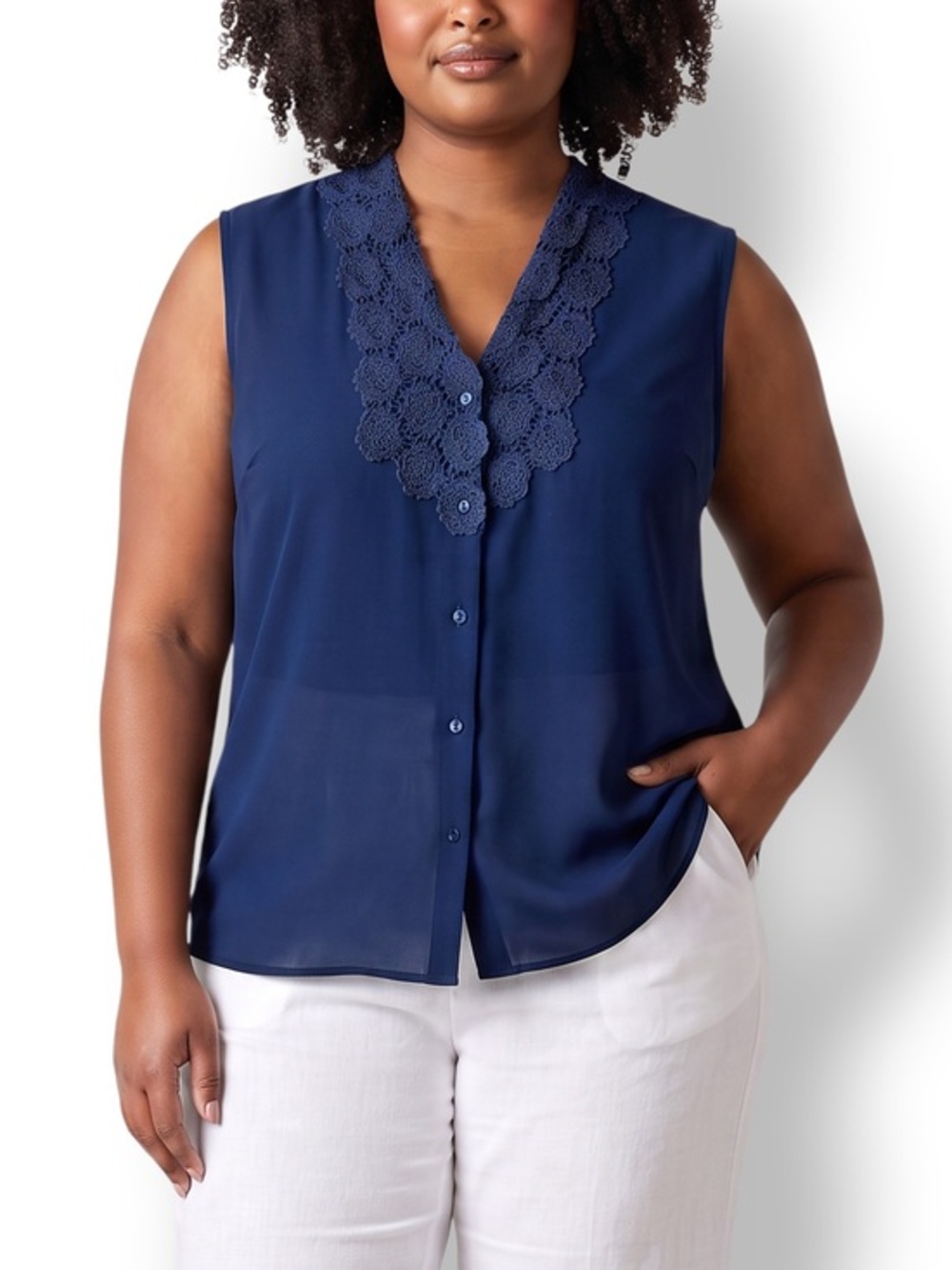 4/$20 Martiniqué Blue Sleeveless Lace Trim Button Front Blouse Size 14